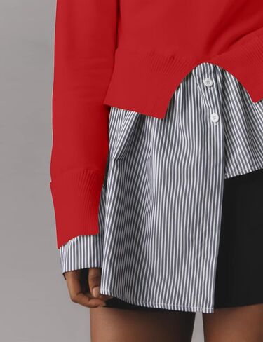 Missactiver Women Slit Turtleneck Patchwork Sweater 2 في 1 أزرار لأسفل سحب سترة متماسكة قميص HEL غير المتماثل أعلى in Kuwait