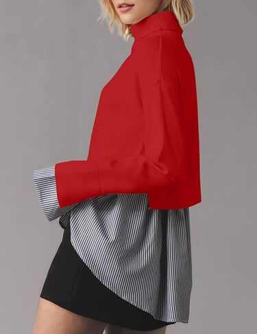 Missactiver Women Slit Turtleneck Patchwork Sweater 2 في 1 أزرار لأسفل سحب سترة متماسكة قميص HEL غير المتماثل أعلى in Kuwait