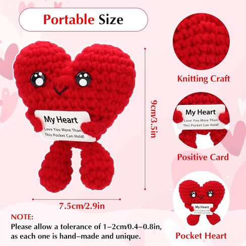 Gifts for Him Her Boyfriend Girlfriend Pocket Hug Heart with Positive Emotional Card Handmade Crochet Heart Doll for Valentine Boyfriend Girlfriend Couples (HeartShape-Red) in Saudi Arabia