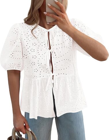 KIRUNDO Womens Tops Dressy Casual Tie Front Shirts Short Lantern Sleeve Hollow Out Lace Embroidered Babydoll Blouses in Kuwait