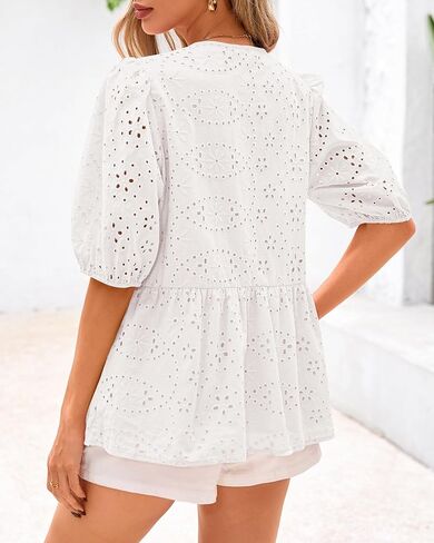 KIRUNDO Womens Tops Dressy Casual Tie Front Shirts Short Lantern Sleeve Hollow Out Lace Embroidered Babydoll Blouses in Kuwait