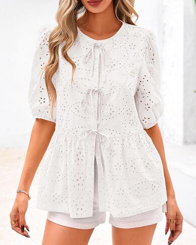 KIRUNDO Womens Tops Dressy Casual Tie Front Shirts Short Lantern Sleeve Hollow Out Lace Embroidered Babydoll Blouses in Kuwait
