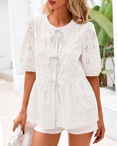 KIRUNDO Womens Tops Dressy Casual Tie Front Shirts Short Lantern Sleeve Hollow Out Lace Embroidered Babydoll Blouses in Kuwait