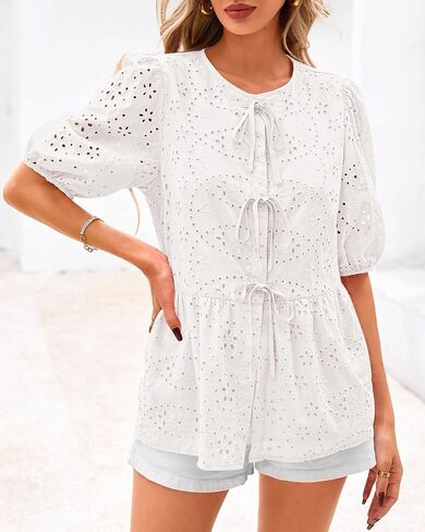 KIRUNDO Womens Tops Dressy Casual Tie Front Shirts Short Lantern Sleeve Hollow Out Lace Embroidered Babydoll Blouses in Kuwait