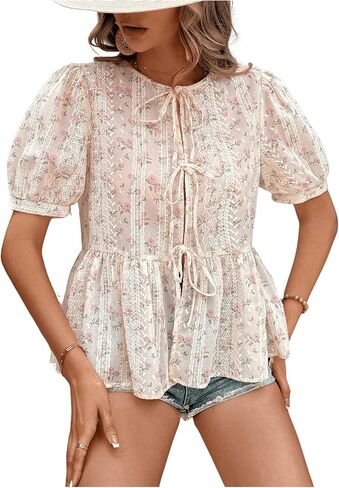 WDIRARA Women's Floral Print Bow Tie Front Blouse Puff Short Sleeve Round Neck Peplum Babydoll Shirt in Saudi Arabia