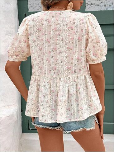 WDIRARA Women's Floral Print Bow Tie Front Blouse Puff Short Sleeve Round Neck Peplum Babydoll Shirt in Saudi Arabia