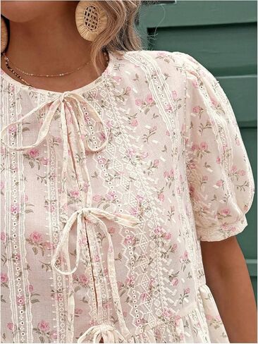 WDIRARA Women's Floral Print Bow Tie Front Blouse Puff Short Sleeve Round Neck Peplum Babydoll Shirt in Saudi Arabia