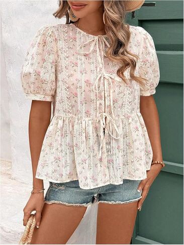 WDIRARA Women's Floral Print Bow Tie Front Blouse Puff Short Sleeve Round Neck Peplum Babydoll Shirt in Saudi Arabia