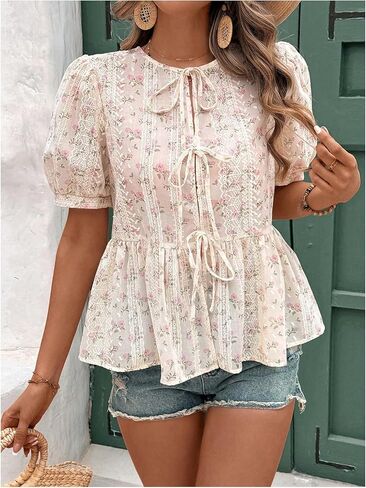 WDIRARA Women's Floral Print Bow Tie Front Blouse Puff Short Sleeve Round Neck Peplum Babydoll Shirt in Saudi Arabia