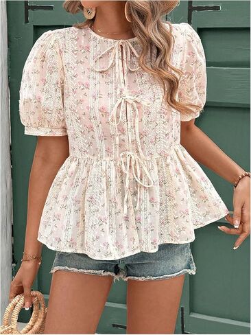 WDIRARA Women's Floral Print Bow Tie Front Blouse Puff Short Sleeve Round Neck Peplum Babydoll Shirt in Saudi Arabia