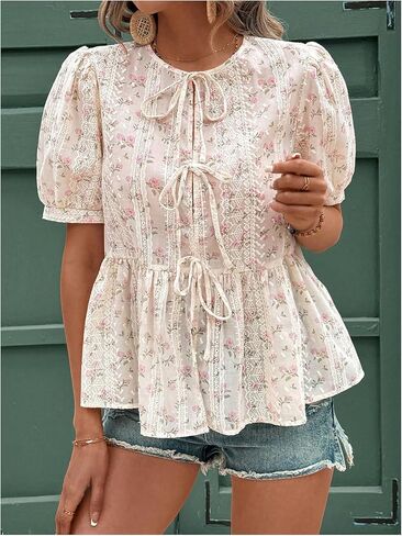 WDIRARA Women's Floral Print Bow Tie Front Blouse Puff Short Sleeve Round Neck Peplum Babydoll Shirt in Saudi Arabia