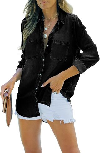 Imesrun Womens Button Down Denim Shirt Chambray Casual Long Long Collared Boyfriend Jean Jean Jacket Screet مع جيوب in Kuwait