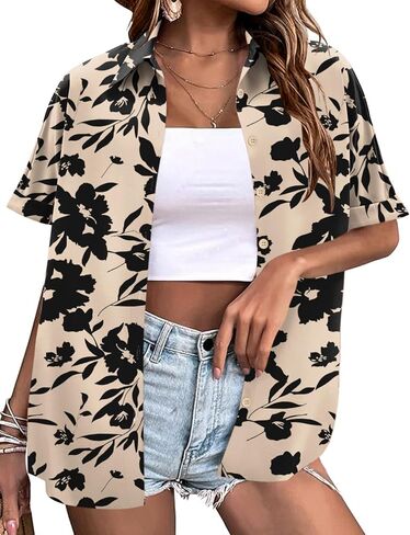 LOMON Women's Summer Hawaiian Shirts Floral Short Sleeve Button Down Shirts Hawaii Tropical Beach Tops Outfits in Saudi Arabia