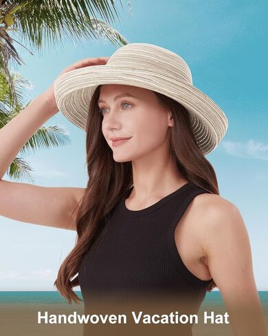 Zyliood XXL Kettle Brim Sun Hats للنساء ، وقبعة صيف قش كبيرة الحجم مع Wind Lanyard ، UPF50+ قبعة السفر الشاطئية in Kuwait