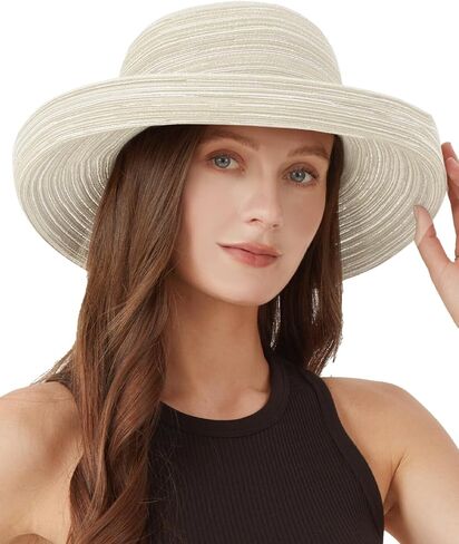 Zyliood XXL Kettle Brim Sun Hats للنساء ، وقبعة صيف قش كبيرة الحجم مع Wind Lanyard ، UPF50+ قبعة السفر الشاطئية in Kuwait