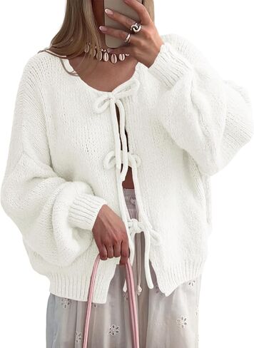 Saodimallsu Womens Tie Front Cardigan Sweaters Cute Bow Puff Long Sleeve 2024 Fall Loose Ribbed Knit Trendy Sweater Tops in Saudi Arabia