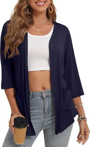 Women's 3/4 Sleeve Open Front Cardigan Casual Loose Lightweight Cardigans with Pockets in Kuwait