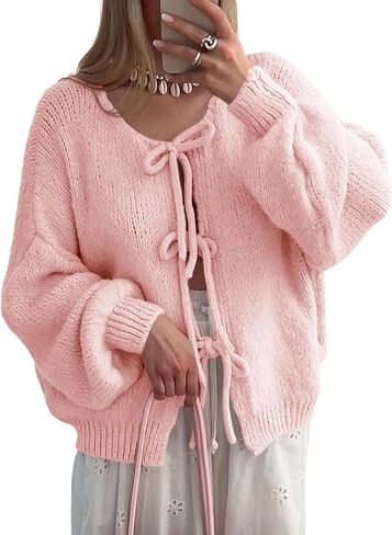 Saodimallsu Womens Tie Front Cardigan Sweaters Cute Bow Puff Long Sleeve 2024 Fall Loose Ribbed Knit Trendy Sweater Tops in Saudi Arabia