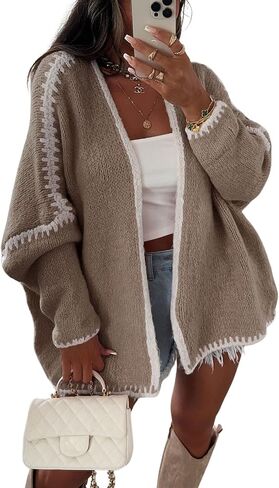 chouyatou Women Fall Open Front Color Block Cardigan Sweater Casual Striped Chunky Knit Oversized Cardigan in Saudi Arabia
