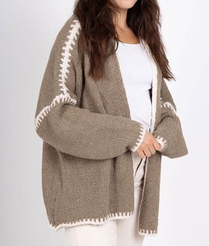 chouyatou Women Fall Open Front Color Block Cardigan Sweater Casual Striped Chunky Knit Oversized Cardigan in Saudi Arabia