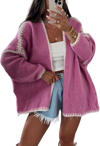 chouyatou Women Fall Open Front Color Block Cardigan Sweater Casual Striped Chunky Knit Oversized Cardigan in Saudi Arabia