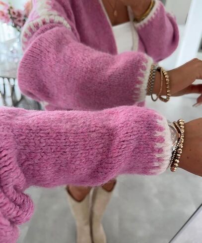 chouyatou Women Fall Open Front Color Block Cardigan Sweater Casual Striped Chunky Knit Oversized Cardigan in Saudi Arabia