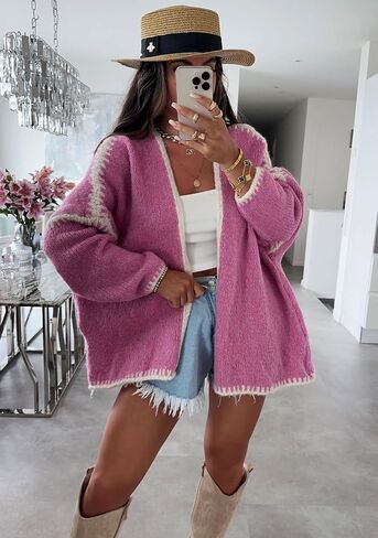 chouyatou Women Fall Open Front Color Block Cardigan Sweater Casual Striped Chunky Knit Oversized Cardigan in Saudi Arabia