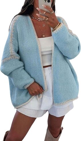 chouyatou Women Fall Open Front Color Block Cardigan Sweater Casual Striped Chunky Knit Oversized Cardigan in Saudi Arabia