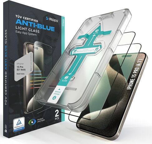 ديبا |2 عبوة| واقي شاشة مضاد للضوء الأزرق معتمد من TÜV لهاتف iPhone 15 Pro Max (6.7 بوصة) غطاء كامل من الزجاج المقسى من الحافة إلى الحافة مع صينية أدوات التثبيت السهلة in Kuwait