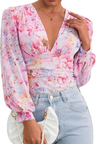 Milumia Women's Long Sleeve Deep V Neck Leotard Shirts Elegant Floral Bodysuit Tops in Saudi Arabia