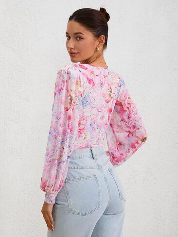Milumia Women's Long Sleeve Deep V Neck Leotard Shirts Elegant Floral Bodysuit Tops in Saudi Arabia