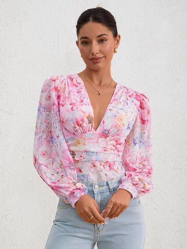 Milumia Women's Long Sleeve Deep V Neck Leotard Shirts Elegant Floral Bodysuit Tops in Saudi Arabia