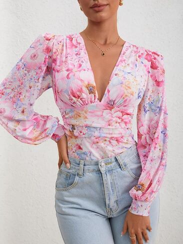 Milumia Women's Long Sleeve Deep V Neck Leotard Shirts Elegant Floral Bodysuit Tops in Saudi Arabia