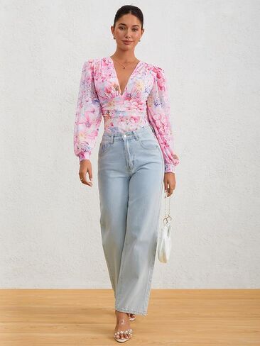 Milumia Women's Long Sleeve Deep V Neck Leotard Shirts Elegant Floral Bodysuit Tops in Saudi Arabia