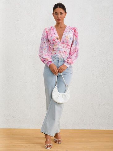 Milumia Women's Long Sleeve Deep V Neck Leotard Shirts Elegant Floral Bodysuit Tops in Saudi Arabia