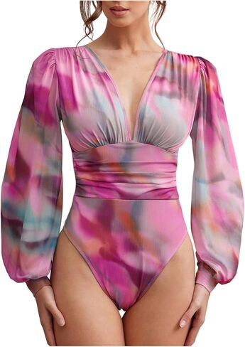 Milumia Women's Long Sleeve Deep V Neck Leotard Shirts Elegant Floral Bodysuit Tops in Saudi Arabia