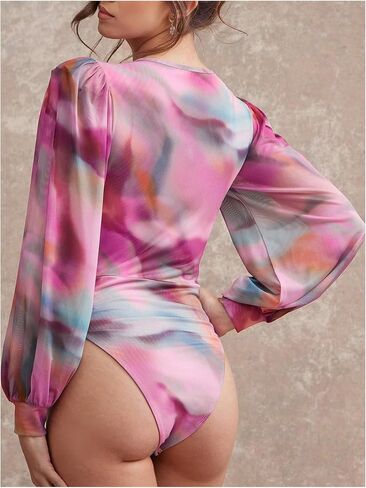 Milumia Women's Long Sleeve Deep V Neck Leotard Shirts Elegant Floral Bodysuit Tops in Saudi Arabia