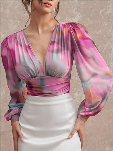 Milumia Women's Long Sleeve Deep V Neck Leotard Shirts Elegant Floral Bodysuit Tops in Saudi Arabia