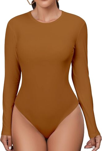 MANGDIUP Women's Bodysuit - Long Sleeve Round Neck Stretch Top Bodysuit Jumpsuit in Saudi Arabia