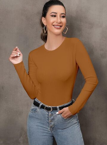 MANGDIUP Women's Bodysuit - Long Sleeve Round Neck Stretch Top Bodysuit Jumpsuit in Saudi Arabia