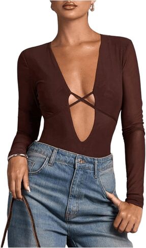 SOLY HUX Women's Deep V Neck Long Sleeve Bodysuits One Piece Leotard Party Tee Tops in Kuwait