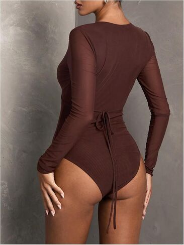 SOLY HUX Women's Deep V Neck Long Sleeve Bodysuits One Piece Leotard Party Tee Tops in Kuwait