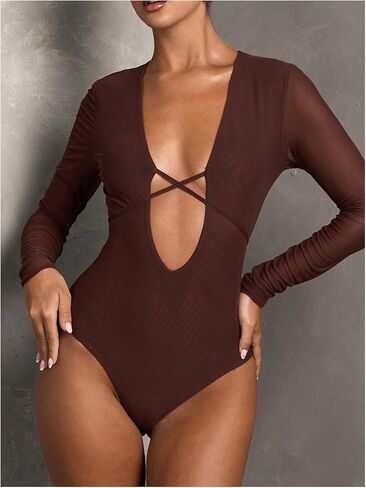SOLY HUX Women's Deep V Neck Long Sleeve Bodysuits One Piece Leotard Party Tee Tops in Kuwait