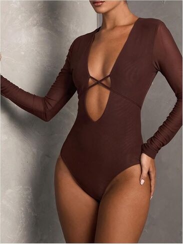 SOLY HUX Women's Deep V Neck Long Sleeve Bodysuits One Piece Leotard Party Tee Tops in Kuwait