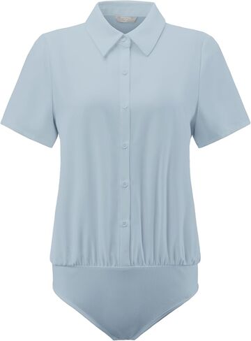 Women's Button Up Bodysuit Short Sleeve Collar Business Work Solid Leotard Shirt Top in Saudi Arabia