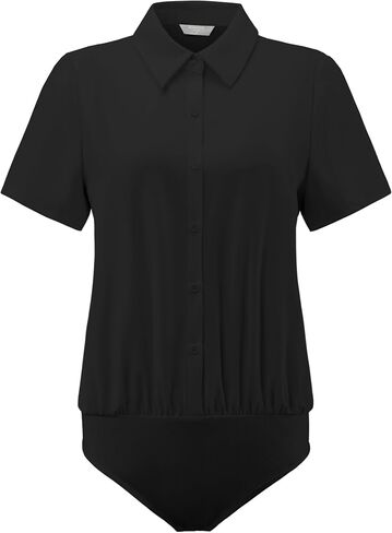 Women's Button Up Bodysuit Short Sleeve Collar Business Work Solid Leotard Shirt Top in Saudi Arabia
