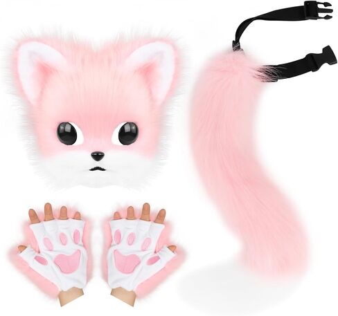 Fur Furry Plush Cat Mask Ears Paw Gloves tail Set Costume Cosplay New Year Halloween in Saudi Arabia
