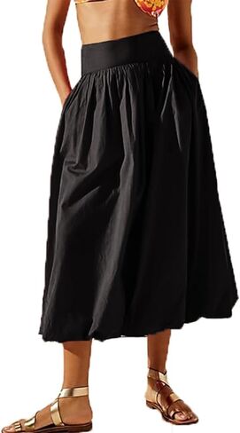 PDLCVD Summer Y2k Bubble Maxi Skirt for Women Casual Elastic Waist A Line Long SkirtRuffle Midi Skirt Sundress in Kuwait