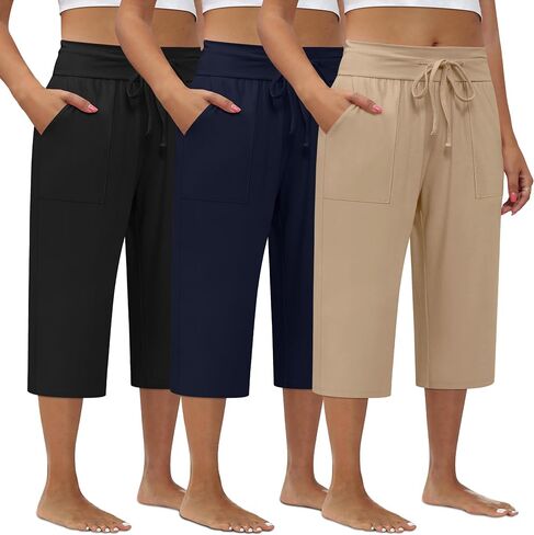3 Pack Women's Plus Size Capri Pants, Cotton Drawstring Capris Sweatpants Casual Summer Cropped Pants with Pockets in Saudi Arabia