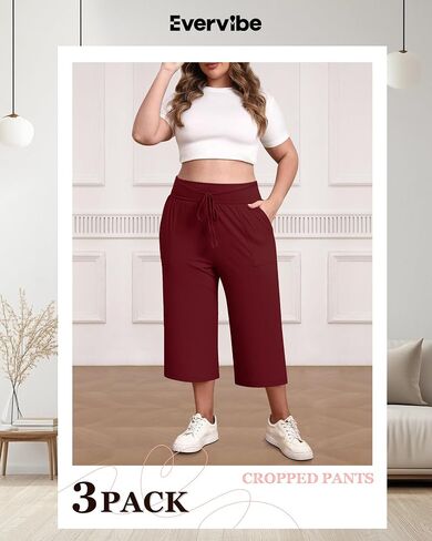 3 Pack Women's Plus Size Capri Pants, Cotton Drawstring Capris Sweatpants Casual Summer Cropped Pants with Pockets in Saudi Arabia